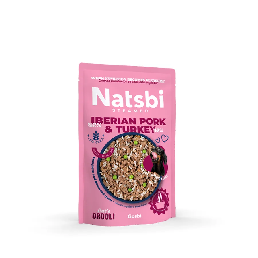 Imagen de Natsbi STEMEAD IBERIAN PORK & TURKEY (Cerdo y Pavo) al VAPOR – Alimento Húmedo – para Perros 200g
