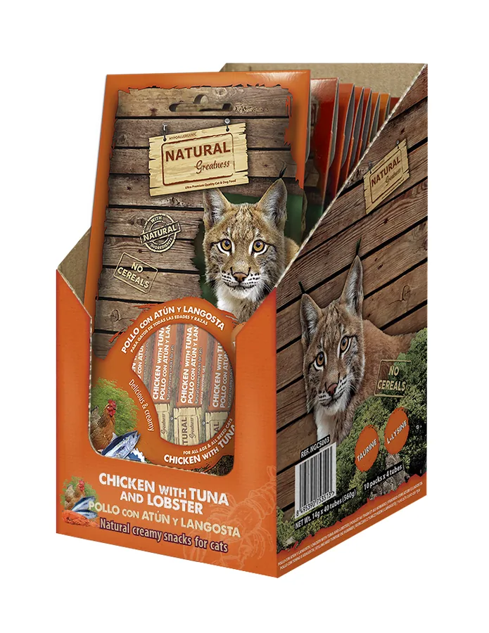 Imagen de Natural Greatness Snack Crema Pollo, Atún y Langosta para Gatos 56g
