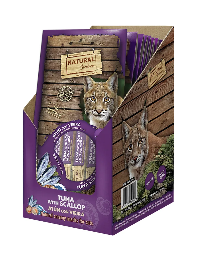 Imagen de Natural Greatness Snack CREMA DE ATÚN con Vieira con DHA – Apoyo Cerebral 56 g para Gatos